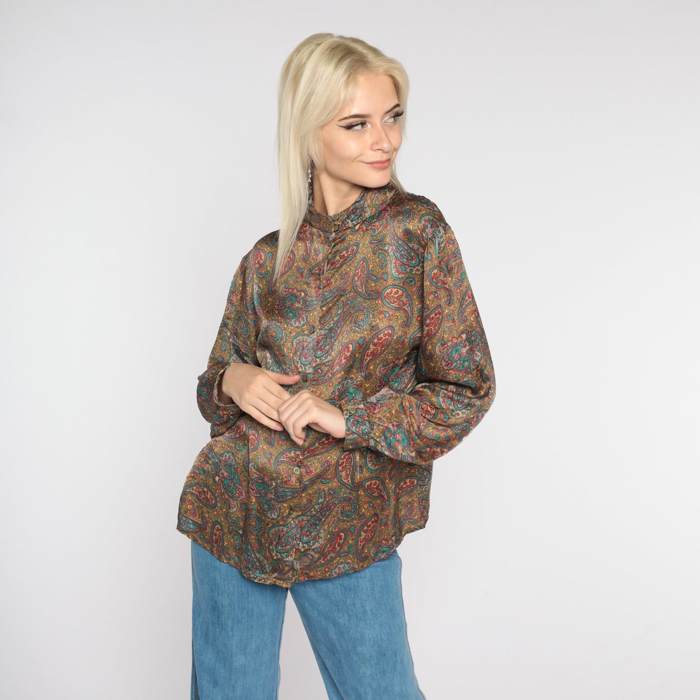 80s Paisley Silk Blouse High Neck Button Up Long Sleeve Large L