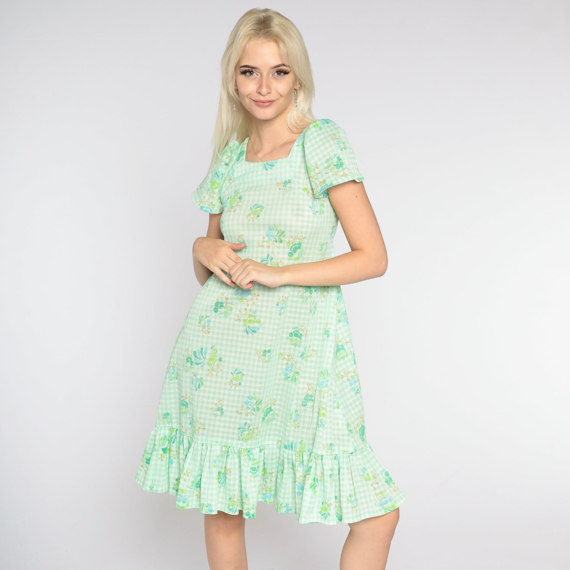 70s Green White Gingham Bird Floral Mini Dress Puff Sleeve Shift Small