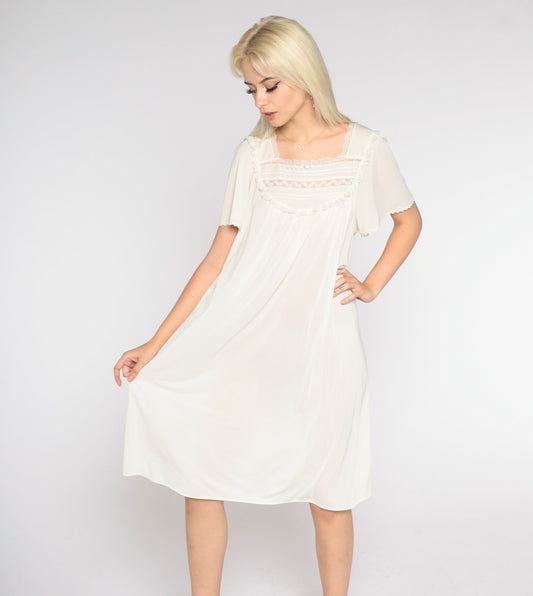 90s Cream Nightgown Knee-Length Lace Bib Short Sleeve Medium