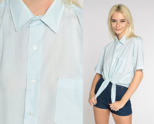 70s Light Blue Button-Up Shirt Short Sleeve Collared Top Men's Large L