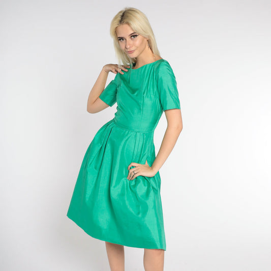 60s Green Knee-Length Dress High Waist A-Line Short Sleeve Extra Small