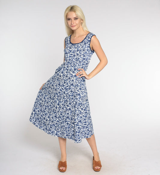 1960s Floral Midi Dress Blue White Rhinestone Beaded High Waist A-Line Medium