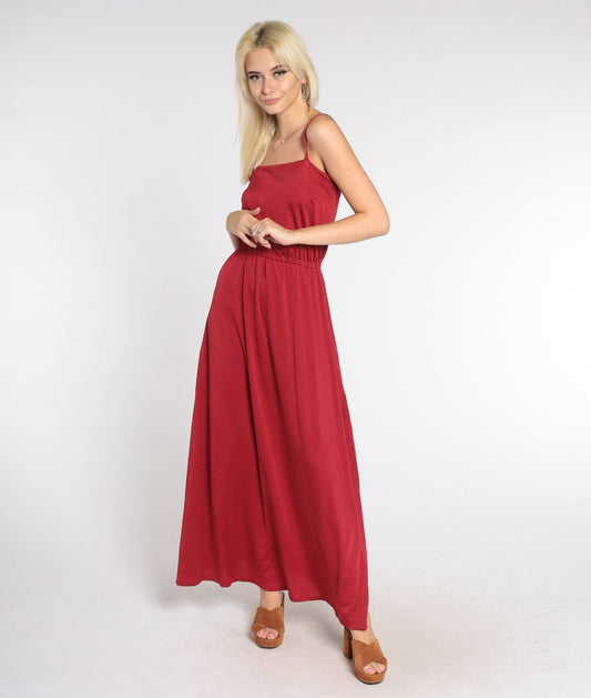 70s Red Maxi Dress Sleeveless High Waist Grecian Gown Small Medium