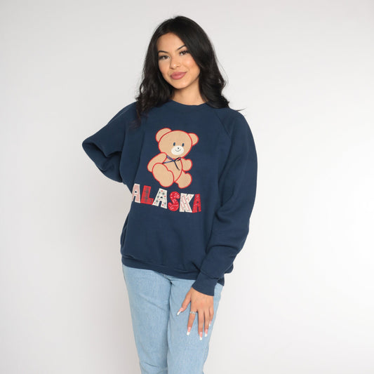 90s Alaska Patchwork Teddy Bear Sweatshirt Navy Raglan Extra Large XXL