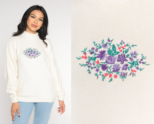 90s Isle of Cotton White Floral Embroidered Mockneck Sweater Large L