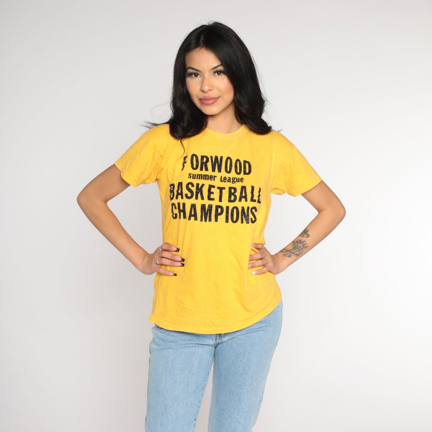 70s Forwood Elementary Basketball Champions T-Shirt Yellow Graphic Tee Medium