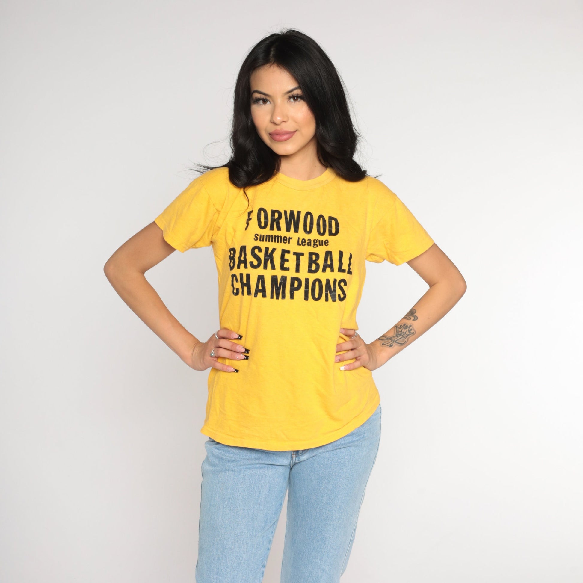 70s Forwood Elementary Basketball Champions T-Shirt Yellow Graphic Tee Medium