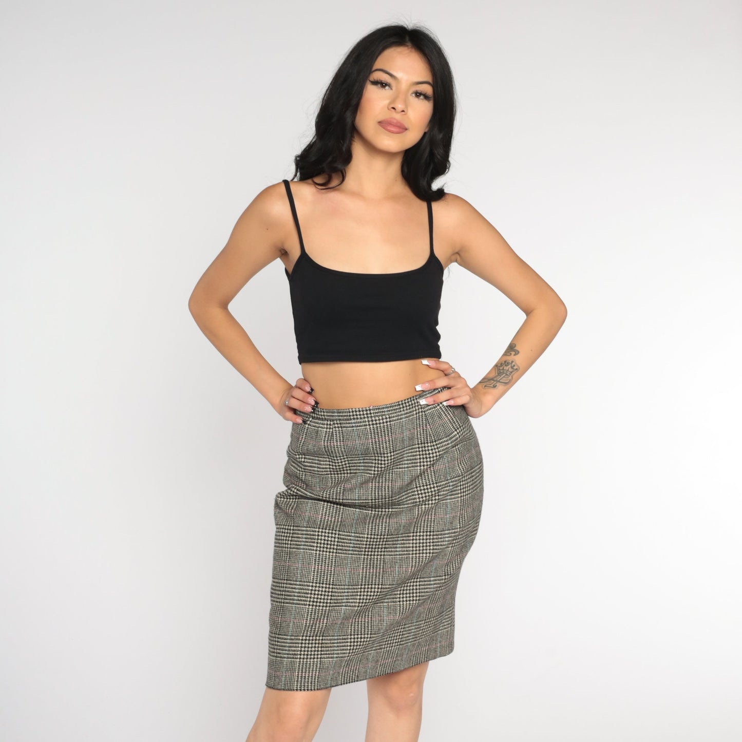 60s Houndstooth Wool Pencil Skirt High Waisted Mini Checkered Small