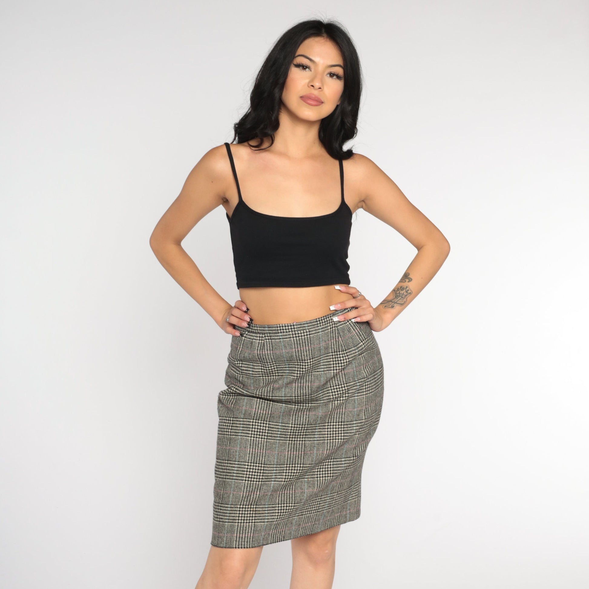 60s Houndstooth Wool Pencil Skirt High Waisted Mini Checkered Small