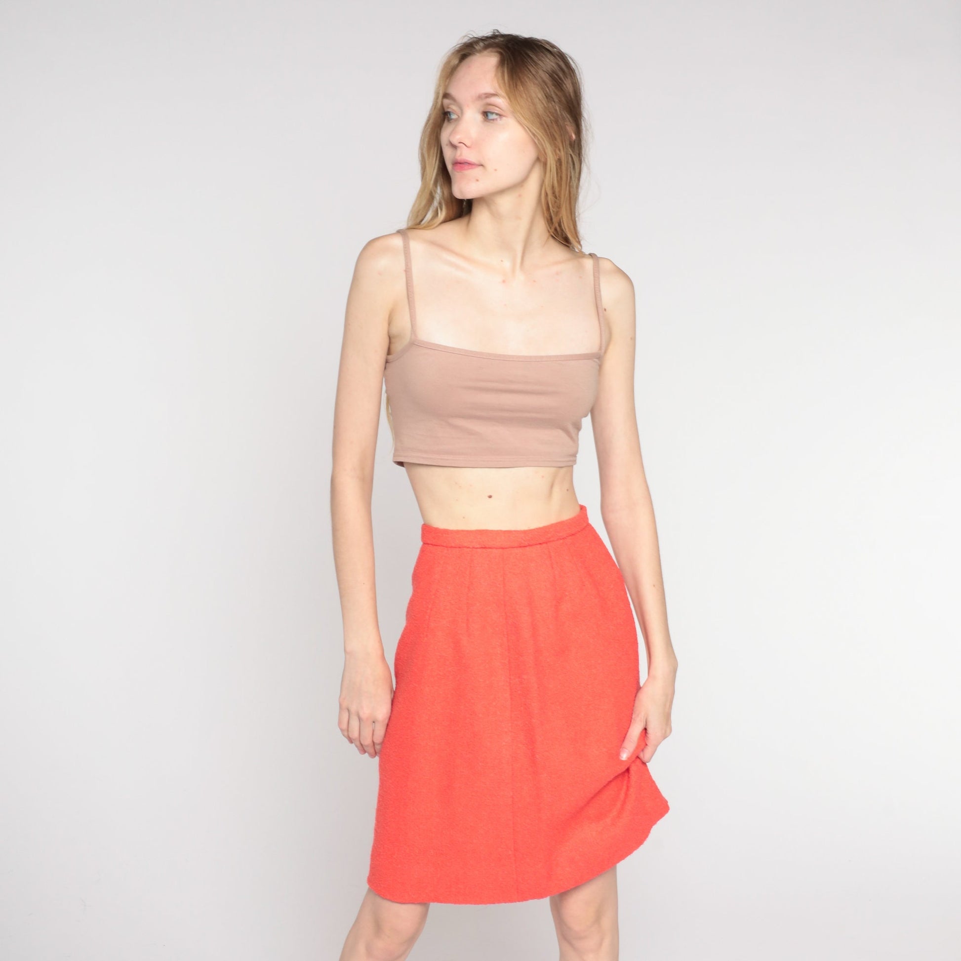 60s Salmon Wool Blend Pencil Skirt High Waisted Knee Length 2XS
