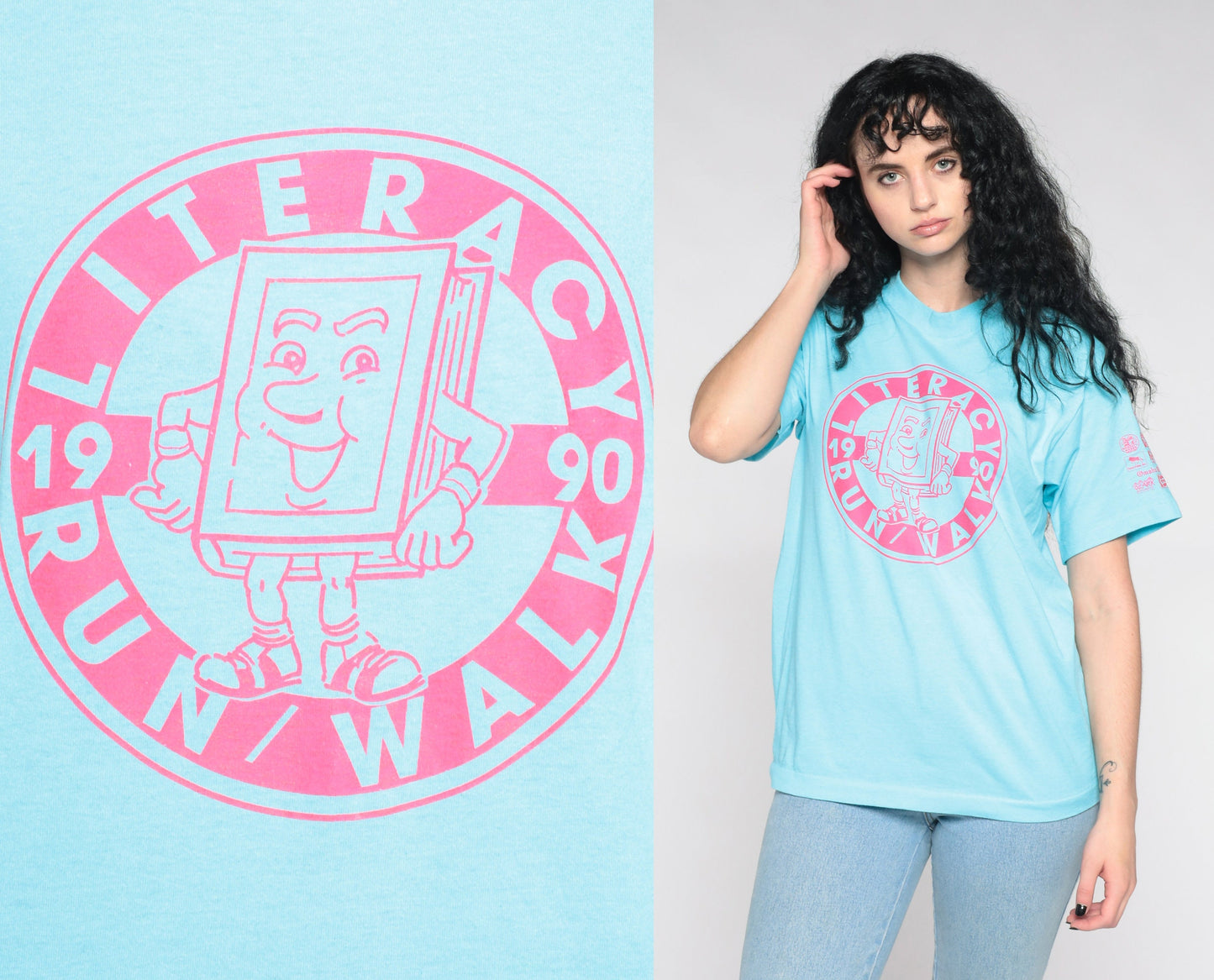 1990 Literacy Run Omaha Nebraska Graphic Tee Pink Blue Single Stitch Medium