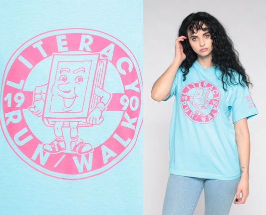 1990 Literacy Run Omaha Nebraska Graphic Tee Pink Blue Single Stitch Medium