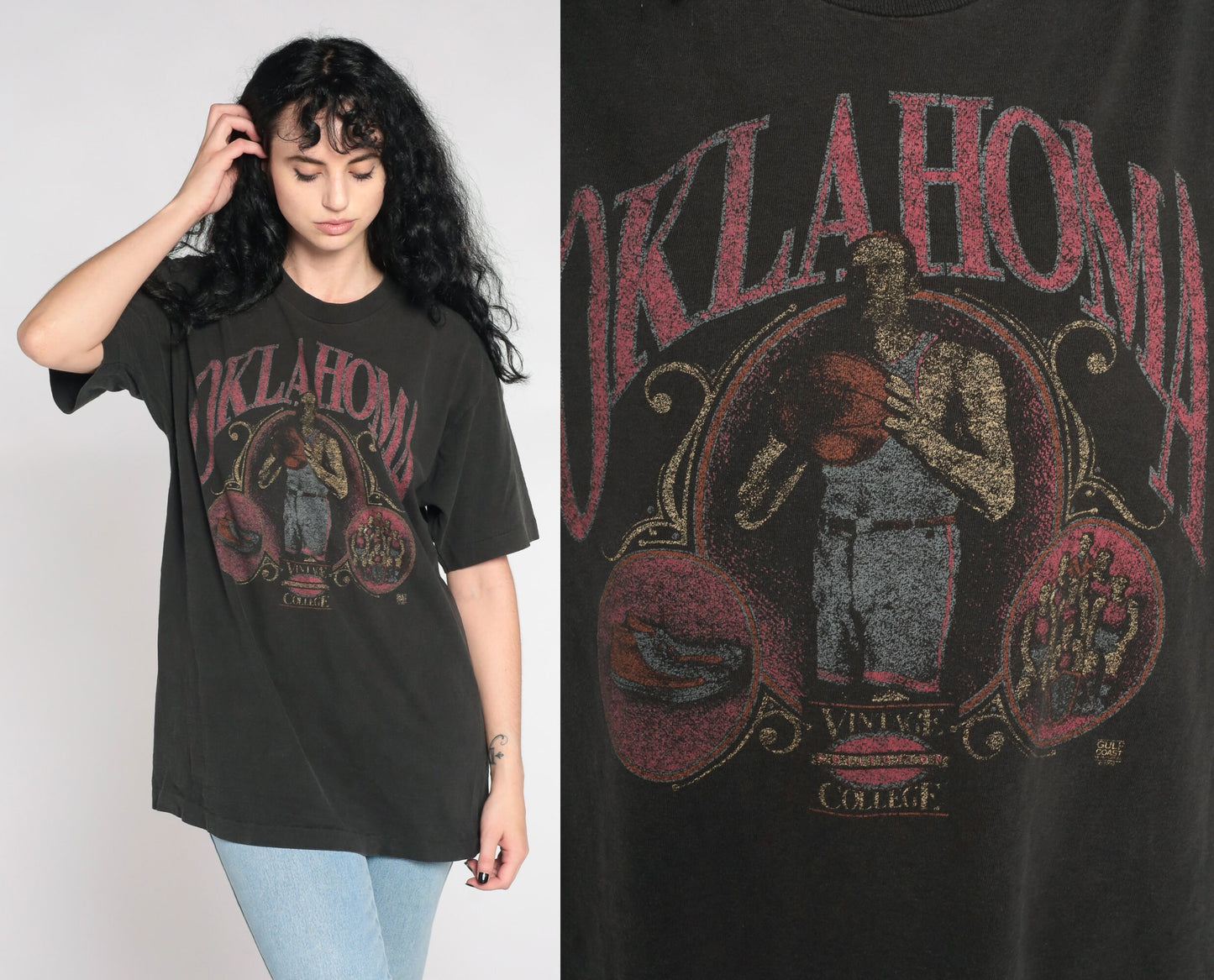 90s Oklahoma Basketball College T-Shirt Faded Black Single Stitch Extra Large