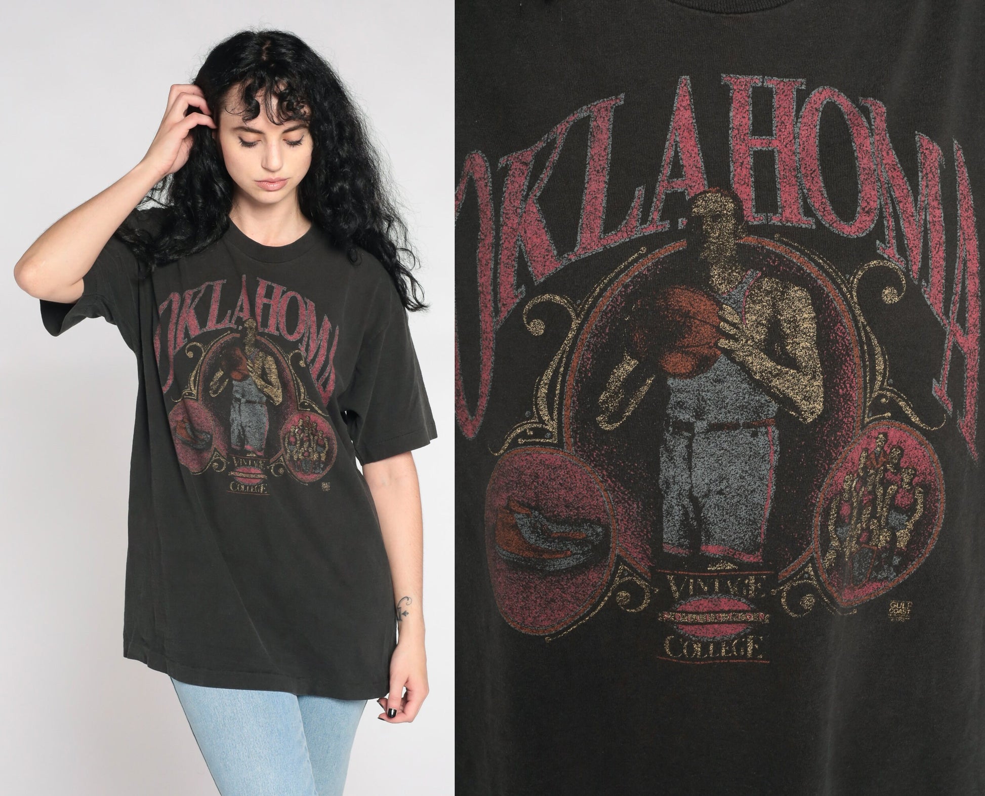 90s Oklahoma Basketball College T-Shirt Faded Black Single Stitch Extra Large