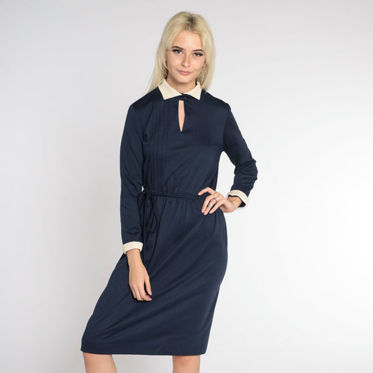 80s Navy Collared Midi Dress Cream Keyhole High Waist Long Sleeve Small