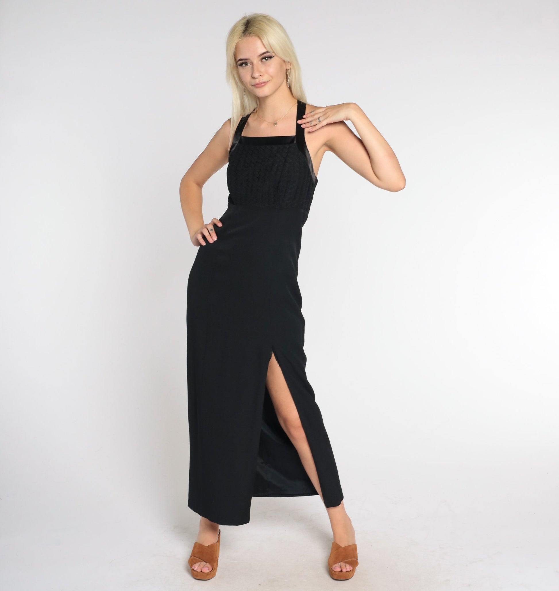 90s Black Maxi Dress High Slit Criss Cross Straps Empire Waist Small 4