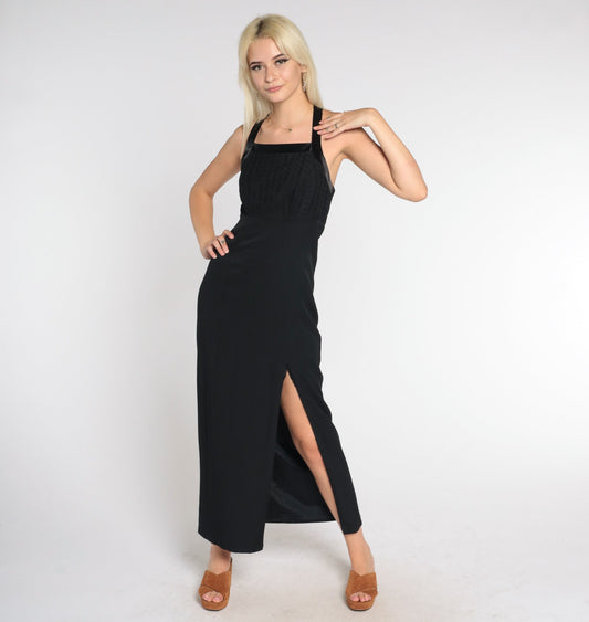 90s Black Maxi Dress High Slit Criss Cross Straps Empire Waist Small 4