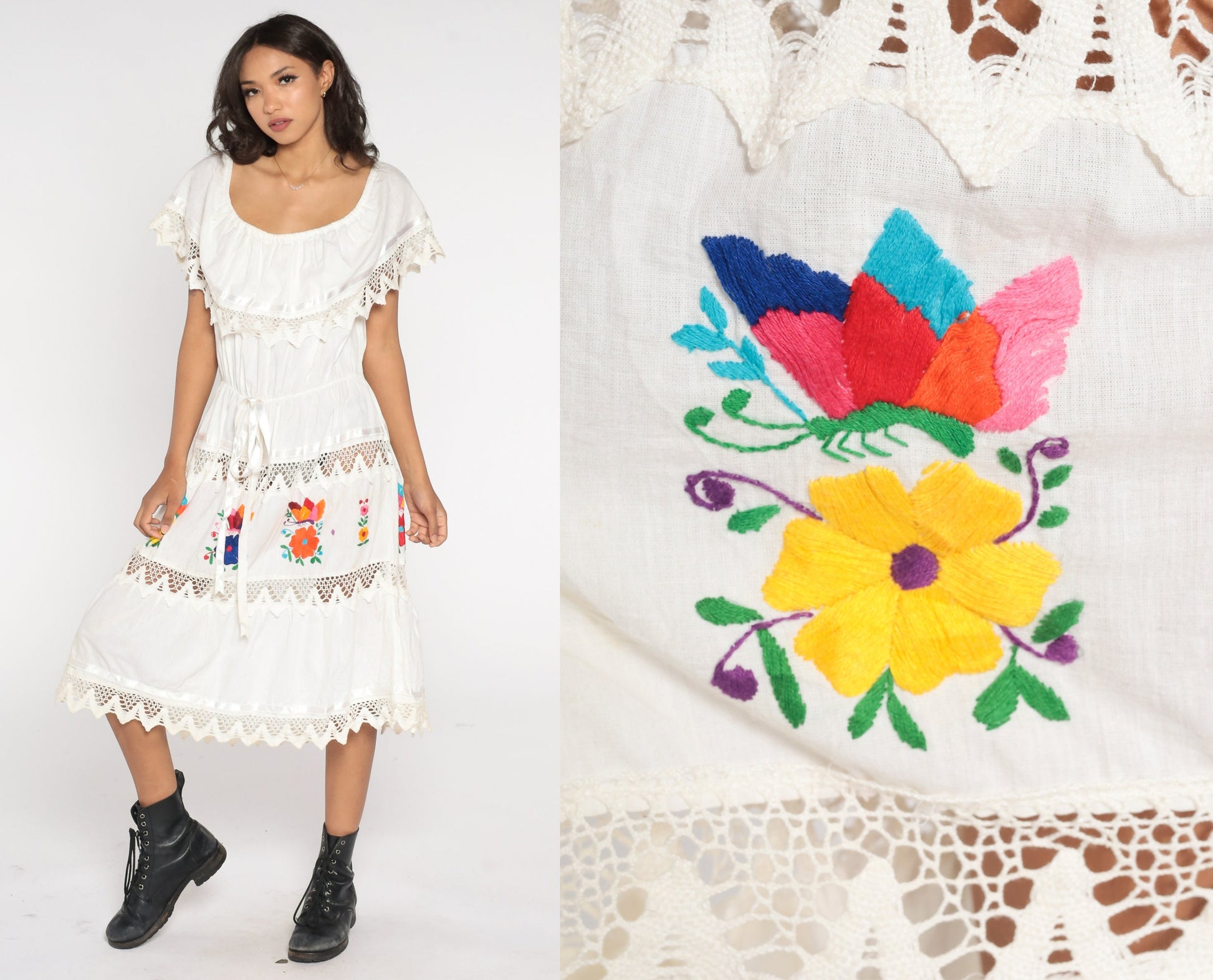90s White Floral Embroidered Midi Dress Butterfly Lace Tiered Peasant Large