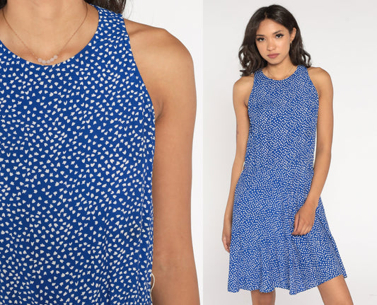 80s Blue Tulip Floral Mini Dress Sleeveless High Waist A-Line Extra Small