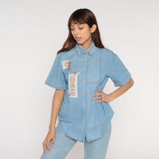 90s Blue Denim Shirt Studded Geometric Swirl Print Button-Up Medium