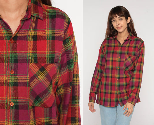 90s Red Plaid Flannel Shirt Button-Up Long Sleeve Collared Medium M