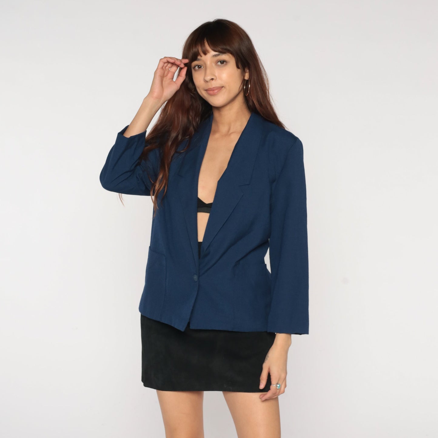 90s Navy Blazer Button-Up Jacket Structured Single-Breasted Small
