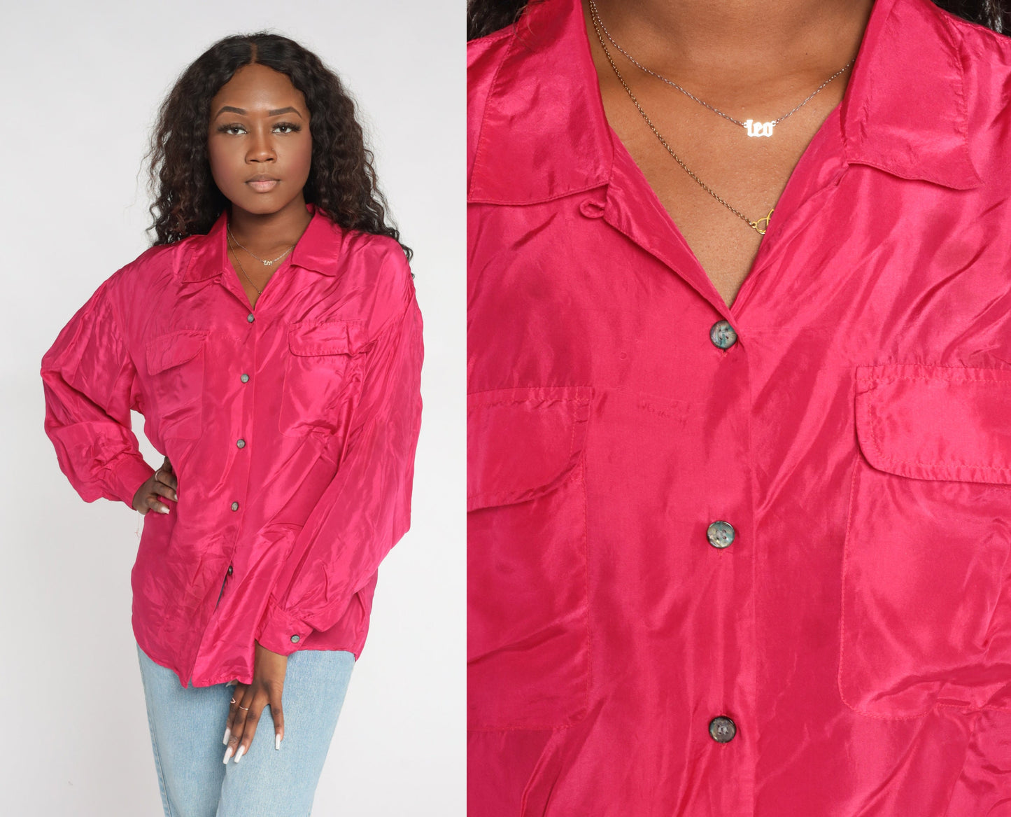 00s Hot Pink Silk Button-Up Blouse Long Sleeve Collared Shirt Large L