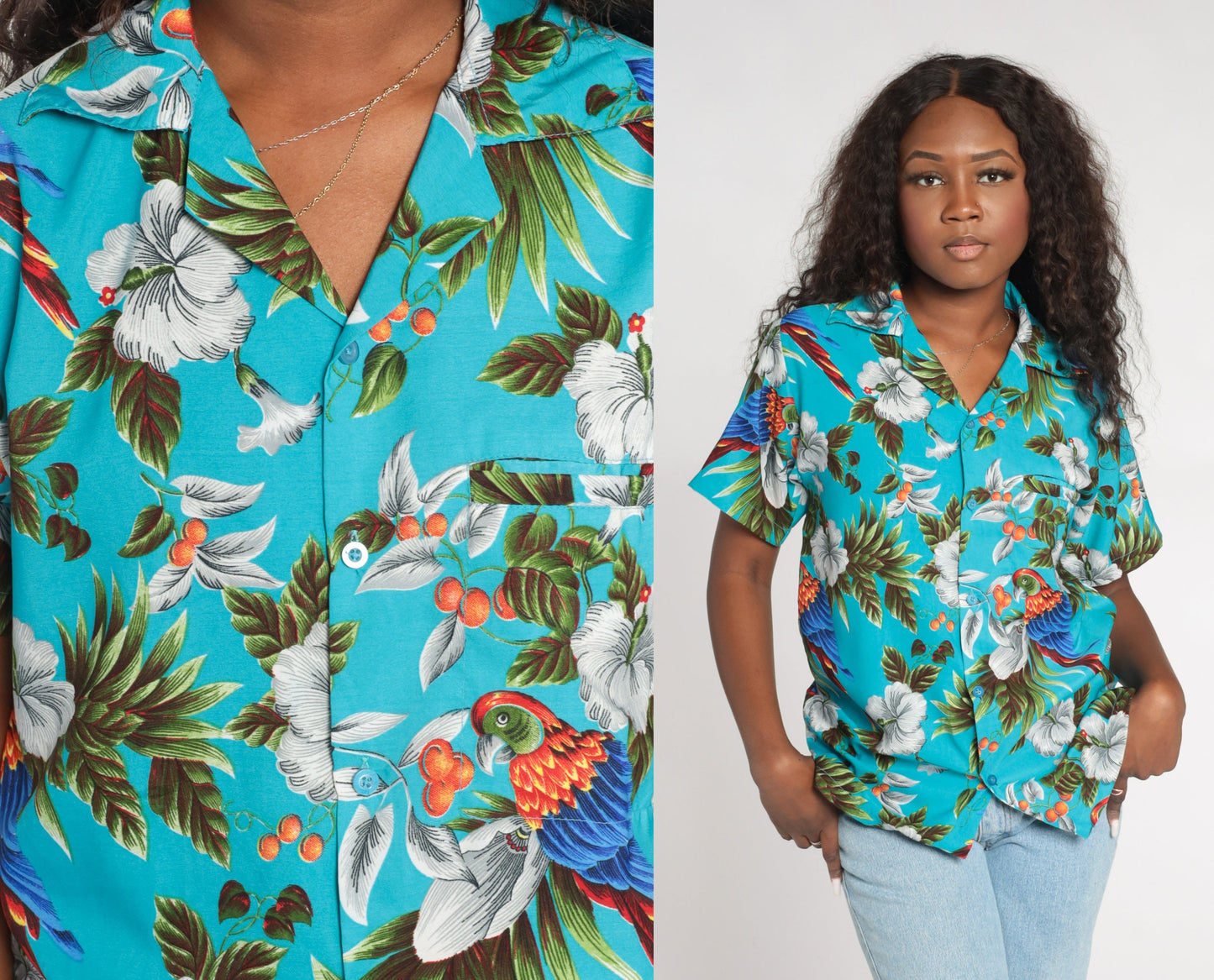 Y2K Blue Hawaiian Button-Up Shirt Parrot Tropical Floral Print Small S