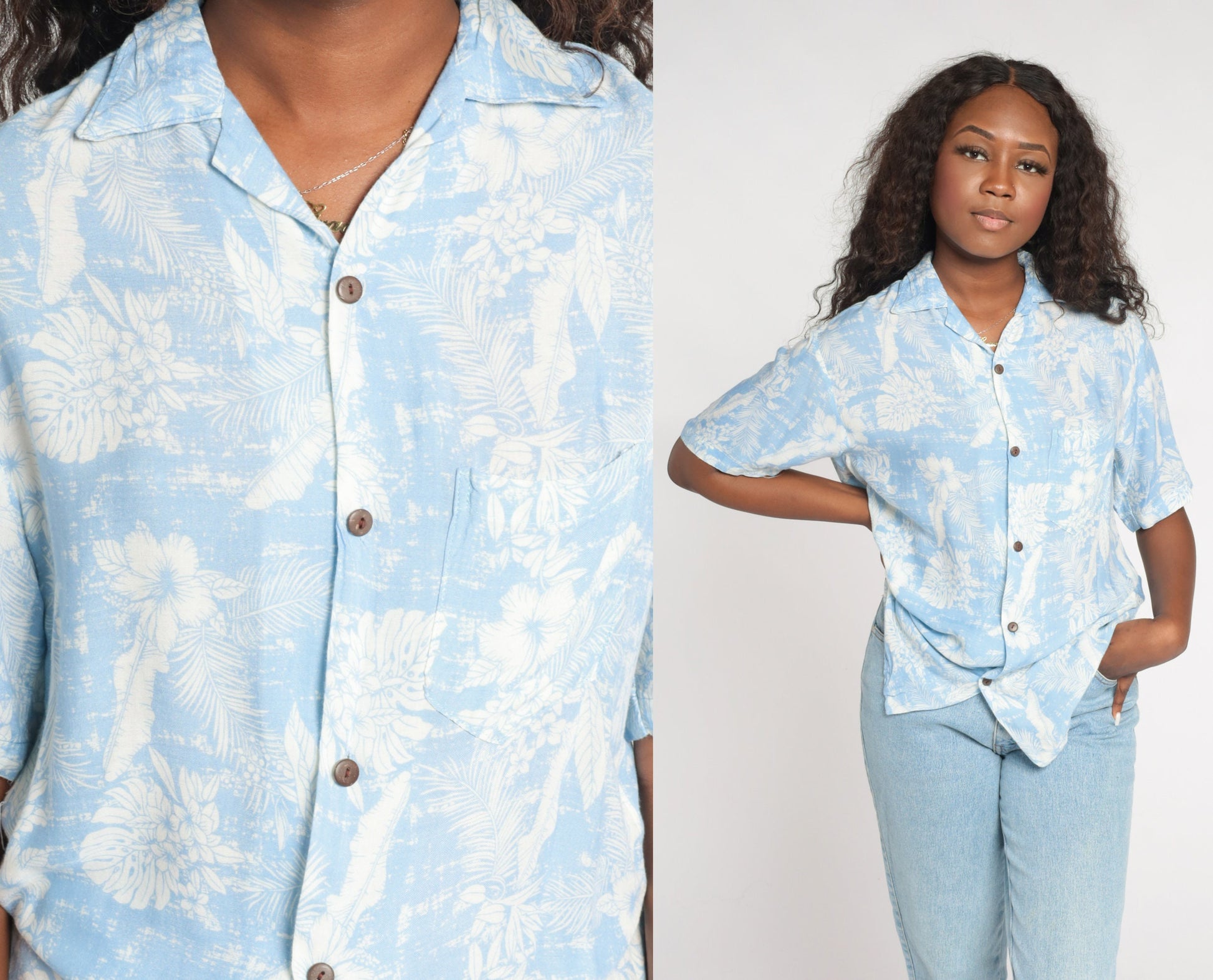 Y2K Blue Hawaiian Shirt Tropical Floral Leaf Print Button Up Small S