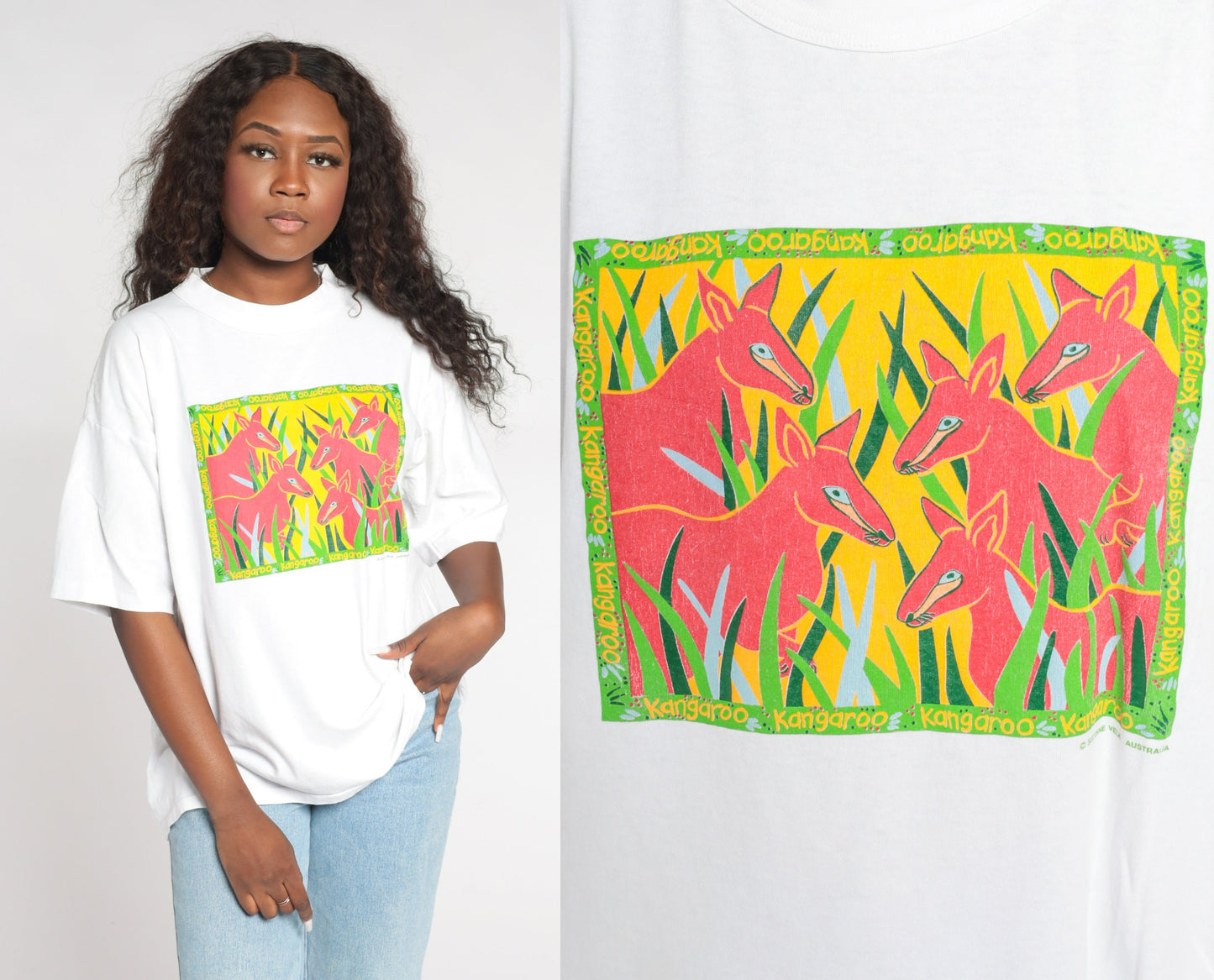 90s Kangaroo Graphic T-Shirt Australia Wildlife White Cotton Single Stitch Medium