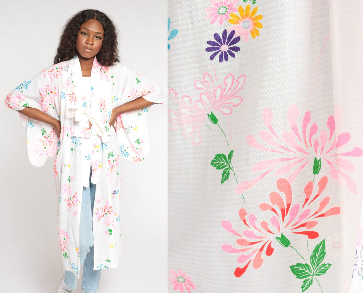 90s White Floral Kimono Robe Midi Length Tie Front Small Medium Large