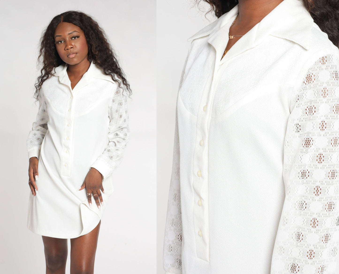 70s White Mini Shift Dress Dagger Collar Long Sleeve Button-Up Medium M