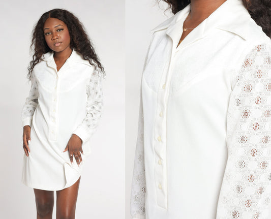70s White Mini Shift Dress Dagger Collar Long Sleeve Button-Up Medium M