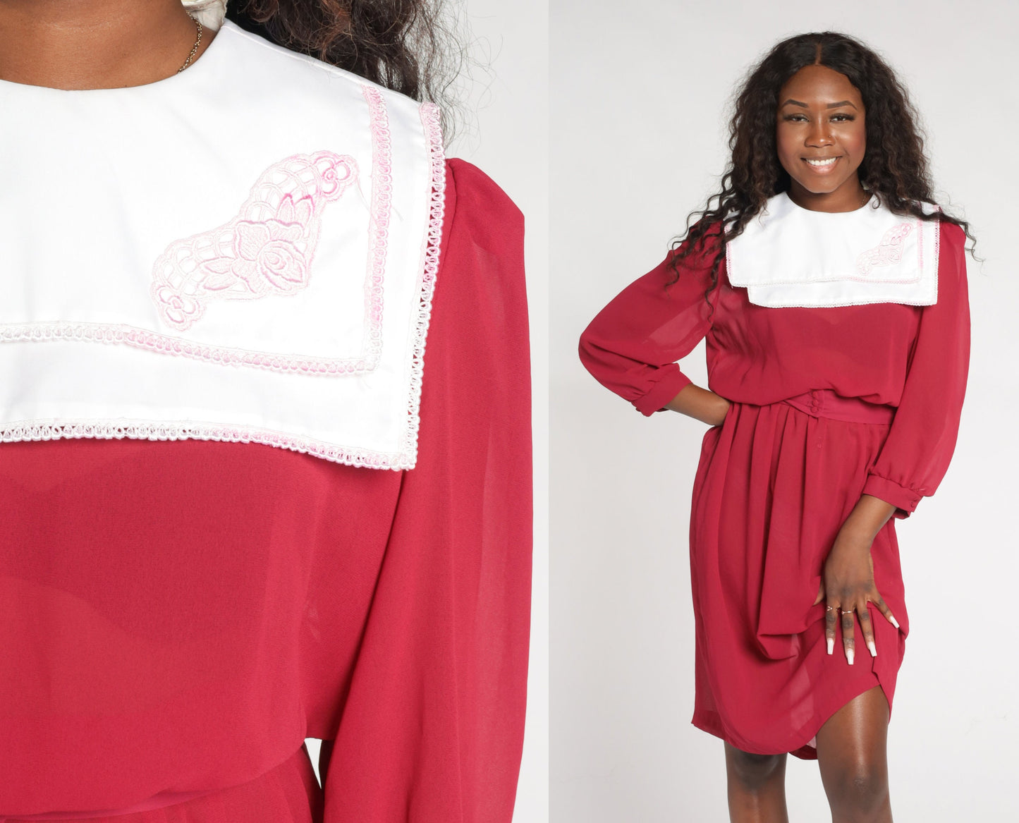 80s Red Sheer Midi Dress White Floral Embroidered Bib Puff Sleeve Small Medium