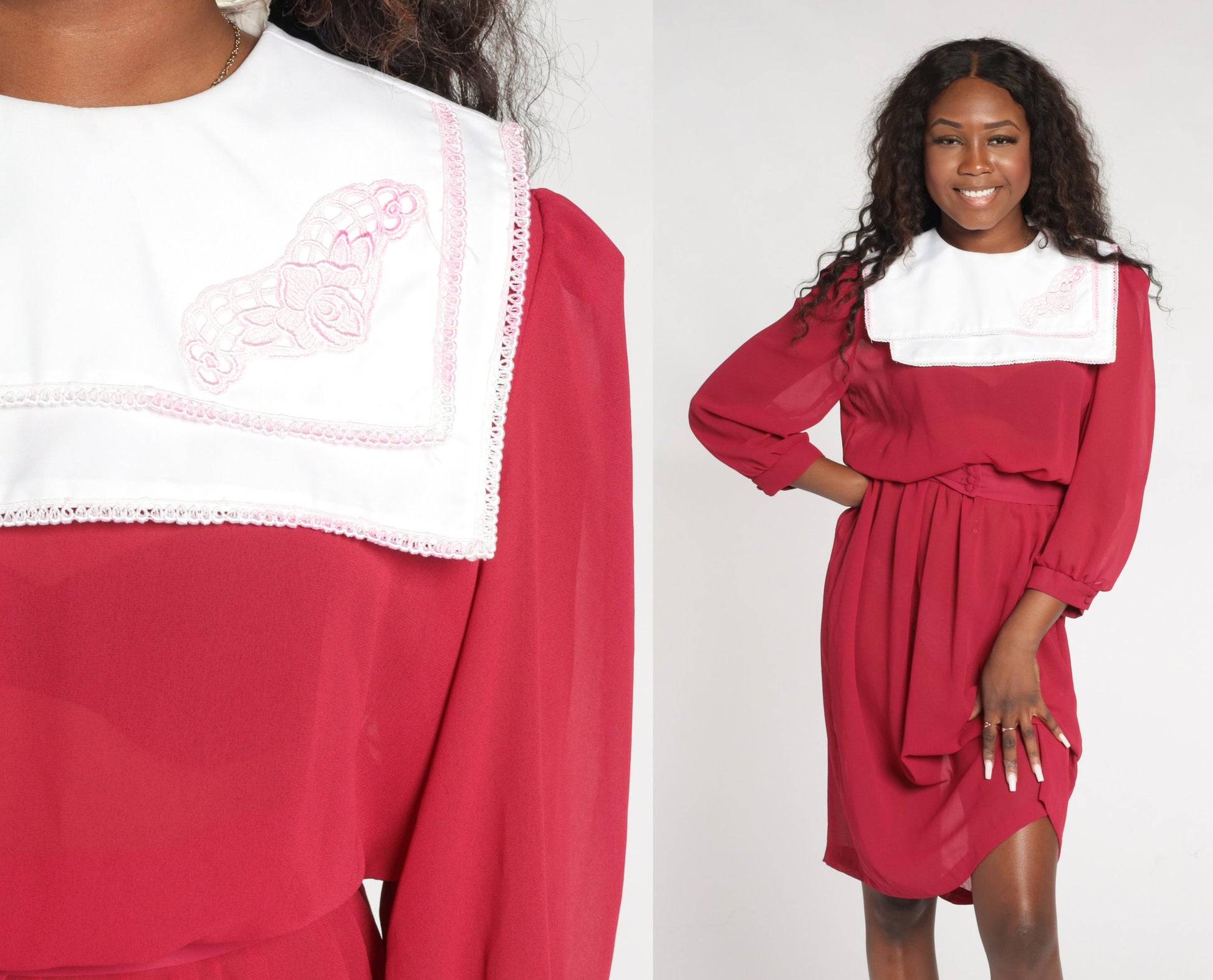 80s Red Sheer Midi Dress White Floral Embroidered Bib Puff Sleeve Small Medium