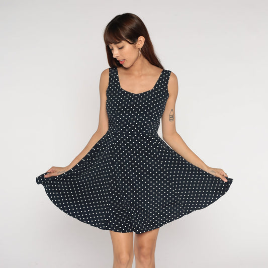Y2K Black White Polka Dot Mini Dress Sleeveless Cutout Small S