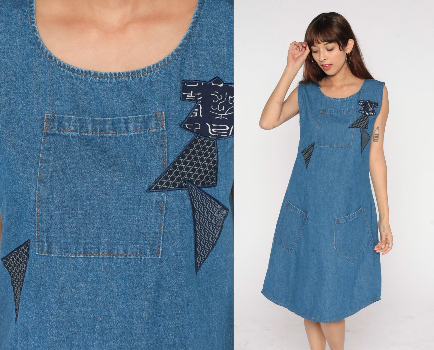 90s Blue Denim Midi Dress Asian Patch Sleeveless Flared Medium M