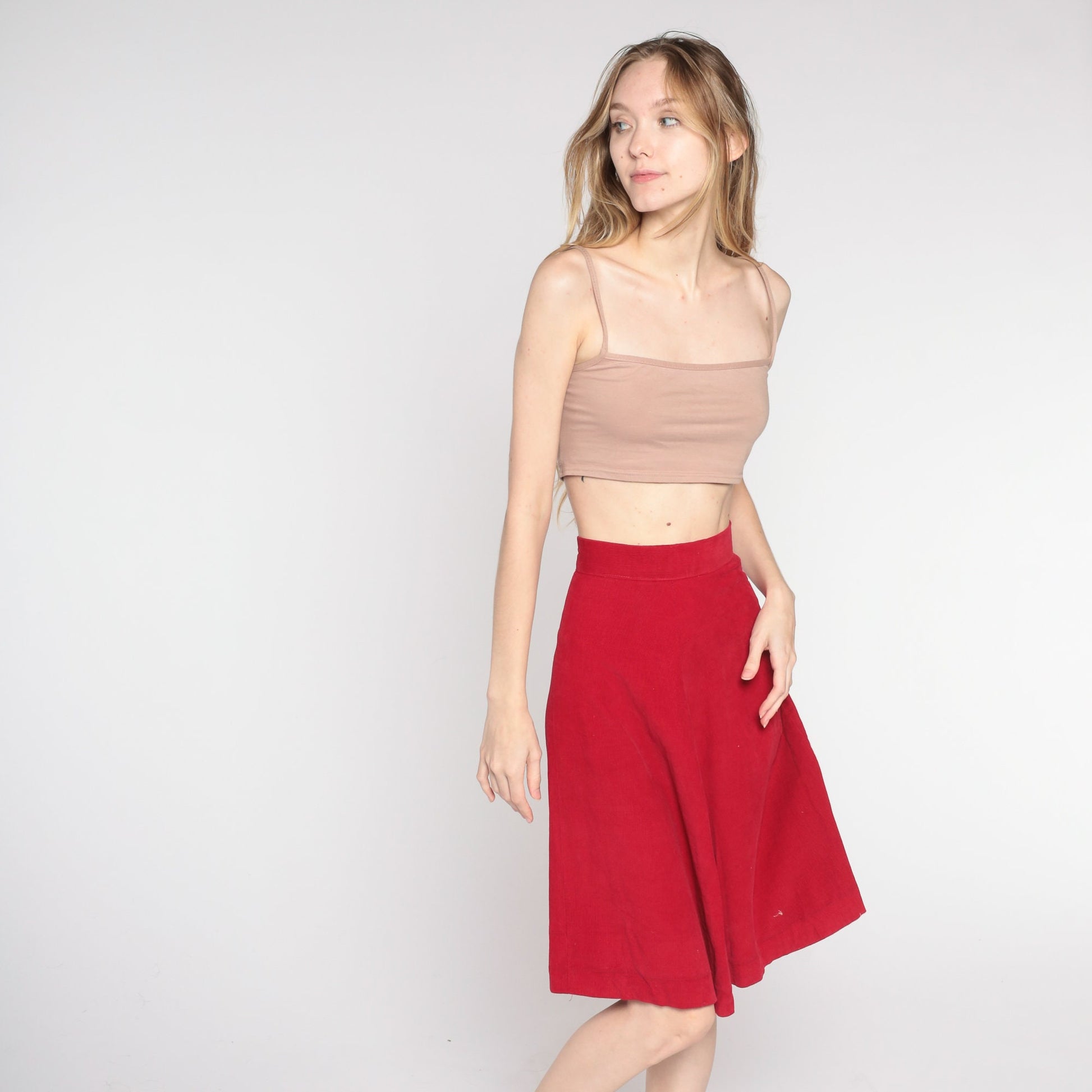 60s Red Corduroy Midi Skirt High Waisted Flared A-Line XXS