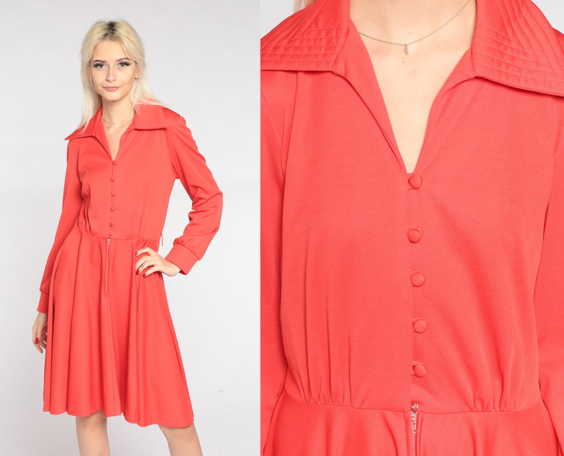 70s Red Mini Dress Dagger Collar Button-Up High Waisted Long Sleeve Medium M