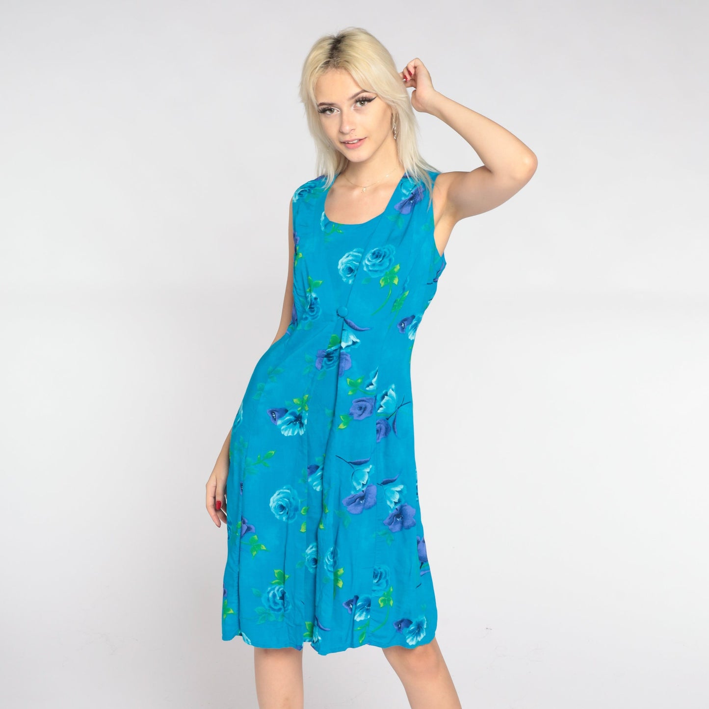 90s Blue Floral Mini Dress Sleeveless A-Line Scoop Neck Large Petite