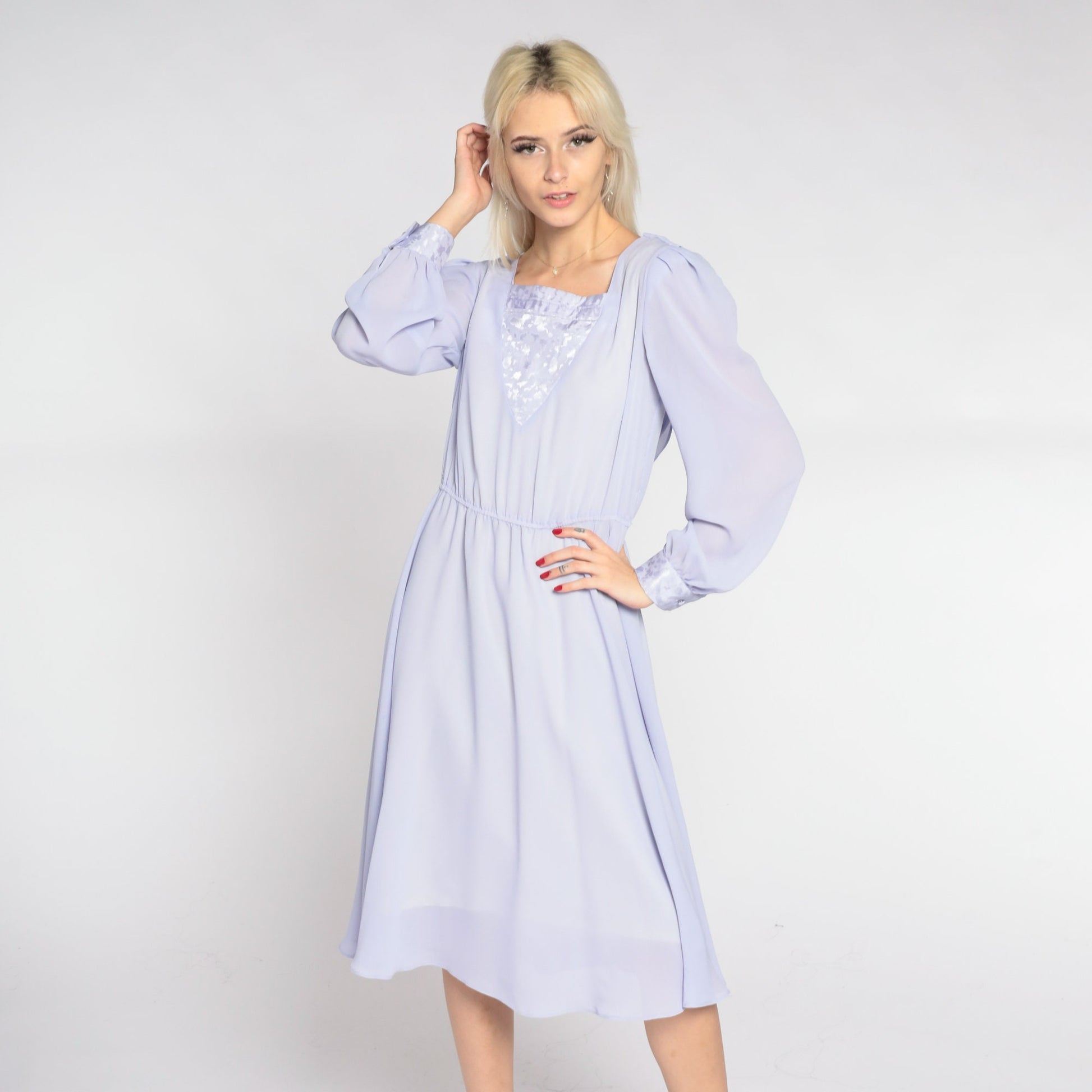 80s Hal Ferman Lavender Midi Dress High Waist Long Sleeve Draped Small
