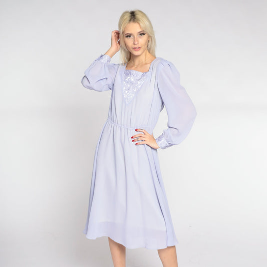 80s Hal Ferman Lavender Midi Dress High Waist Long Sleeve Draped Small
