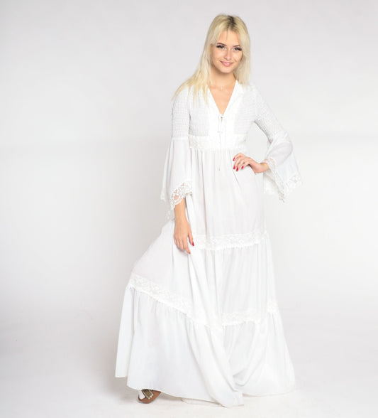 70s White Maxi Dress Angel Bell Sleeve V Neck Empire Waist Smocked Small