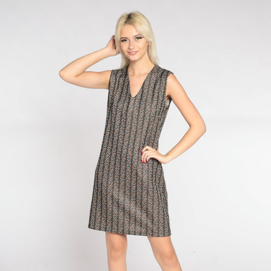 60s Floral Shift Mini Dress Grey V-Neck Sleeveless Small