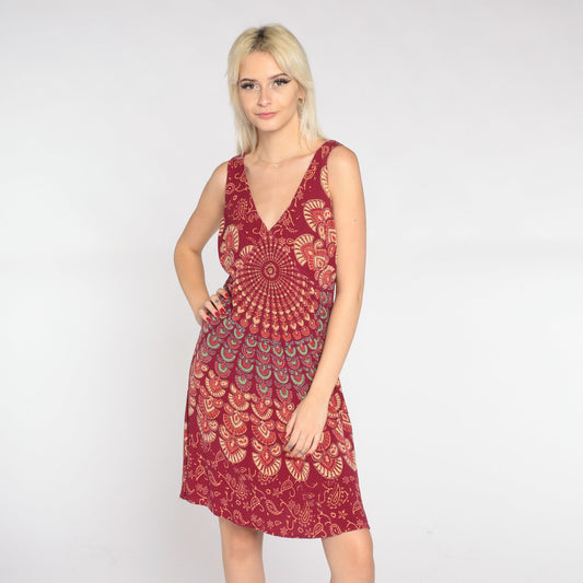 90s Red Mandala Floral Mini Dress V-Neck Empire Waist Sleeveless Large L