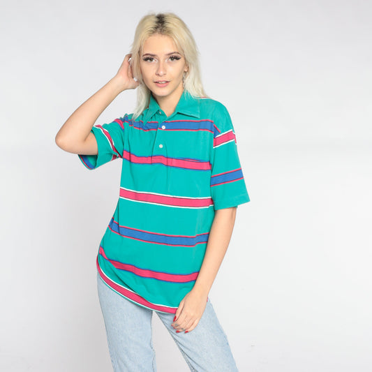 90s Green Striped Polo Shirt Pink Blue Stripes Collared Short Sleeve Small