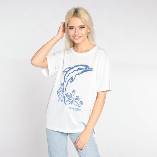 90s Dolphin Puerto Vallarta Mexico Graphic T-Shirt White Cotton Large L