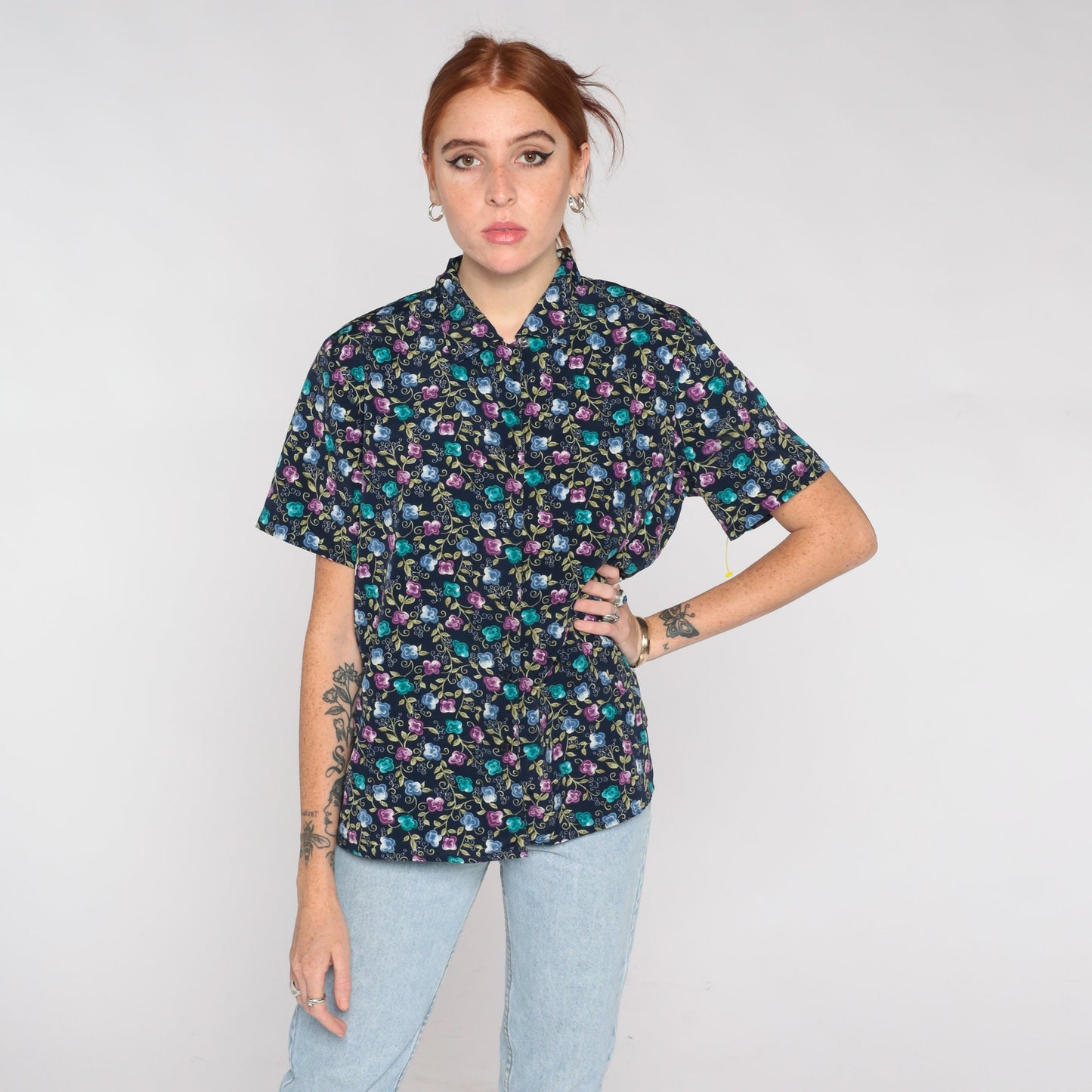 00s Floral Button Up Blouse Navy Short Sleeve Shoulder Pad Top Medium