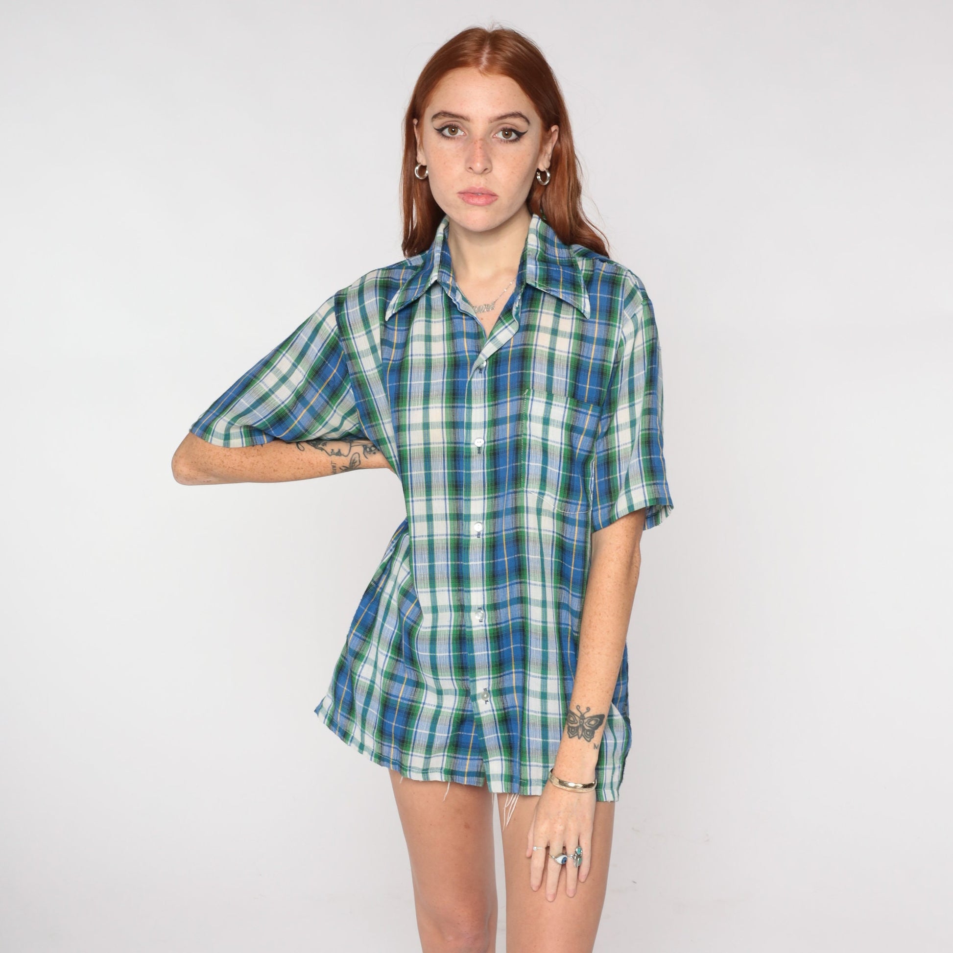 70s Blue Plaid Button-Up Shirt Green White Pointed Collar Short Sleeve Large