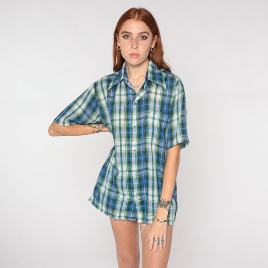 70s Blue Plaid Button-Up Shirt Green White Pointed Collar Short Sleeve Large